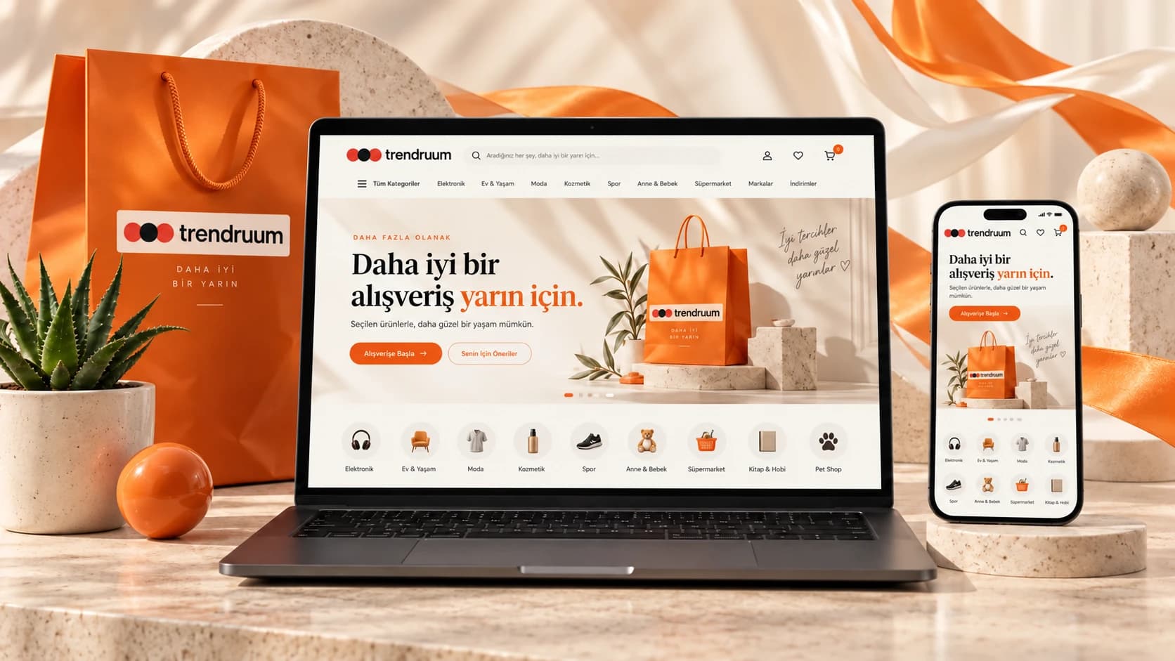 Trendruum mağazasının dizüstü bilgisayar ve telefon üzerindeki görünümü
