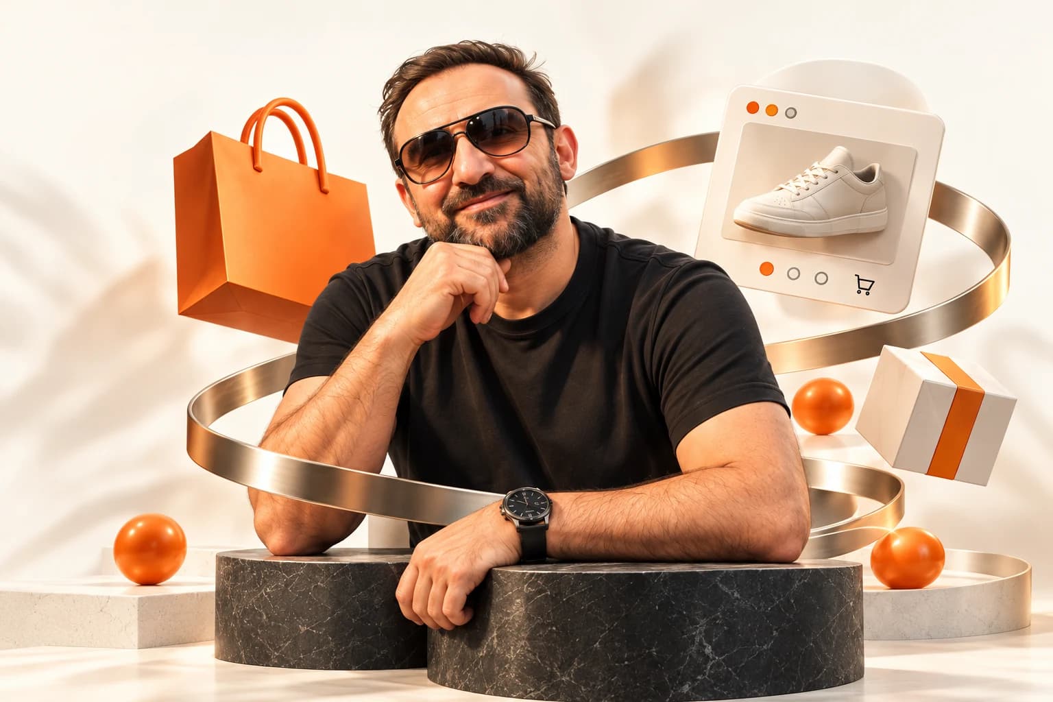 Erkan Soğukbulak; turuncu alışveriş çantası, metal şeritler ve mermer platformlarla oluşturulan portre